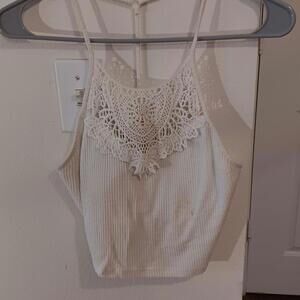 Women's White Ribbed Camisole Tank Top with Crochet Detail